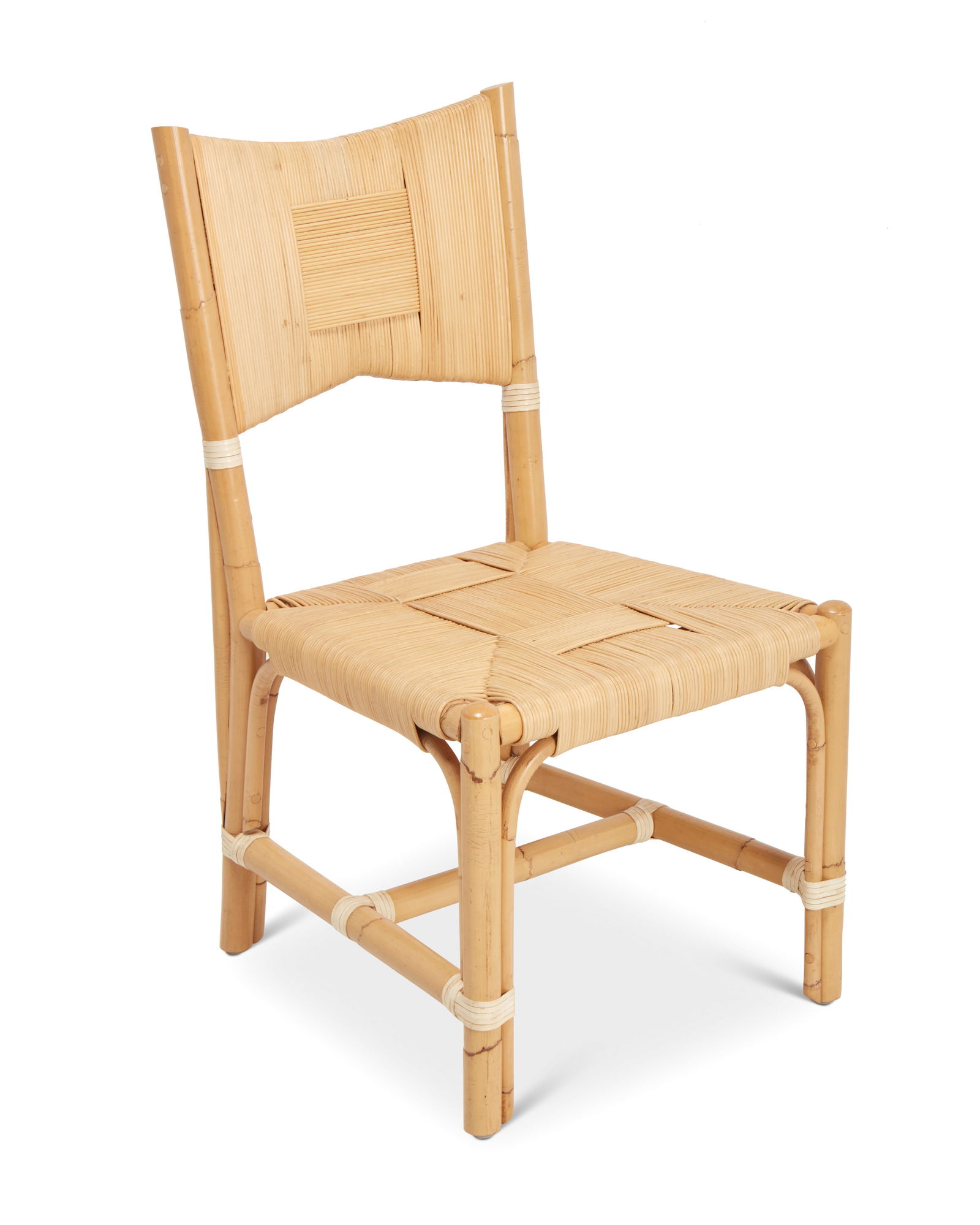 John Hutton (1947-2006), A side chair from the Merbau Collection for Donghia, circa 1995: John Hutton (1947-2006)A side chair from the Merbau Collection for Donghia, circa 1995UnmarkedThe bamboo frame with leather accents and woven wicker seat and bow-shaped seatback36" H x 19.75"