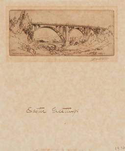 John Cotton (1868-1931), "Pasadena Bridge," circa 1924: John Cotton (1868-1931) "Pasadena Bridge," circa 1924 Etching on cream wove paper From the edition of unknown size Signed in pencil underneath the platemark, at right: J Cotton; with the