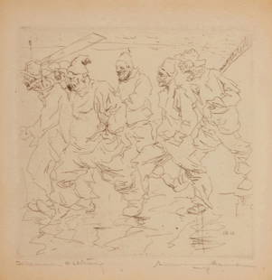 Armin Carl Hansen (1886-1957), "Fishermen Walking," 1925: Armin Carl Hansen (1886-1957) "Fishermen Walking," 1925 Etching on cream wove paper From the edition of unknown size Signed and titled in pencil in the lower margin: Armin Hansen; with the printed
