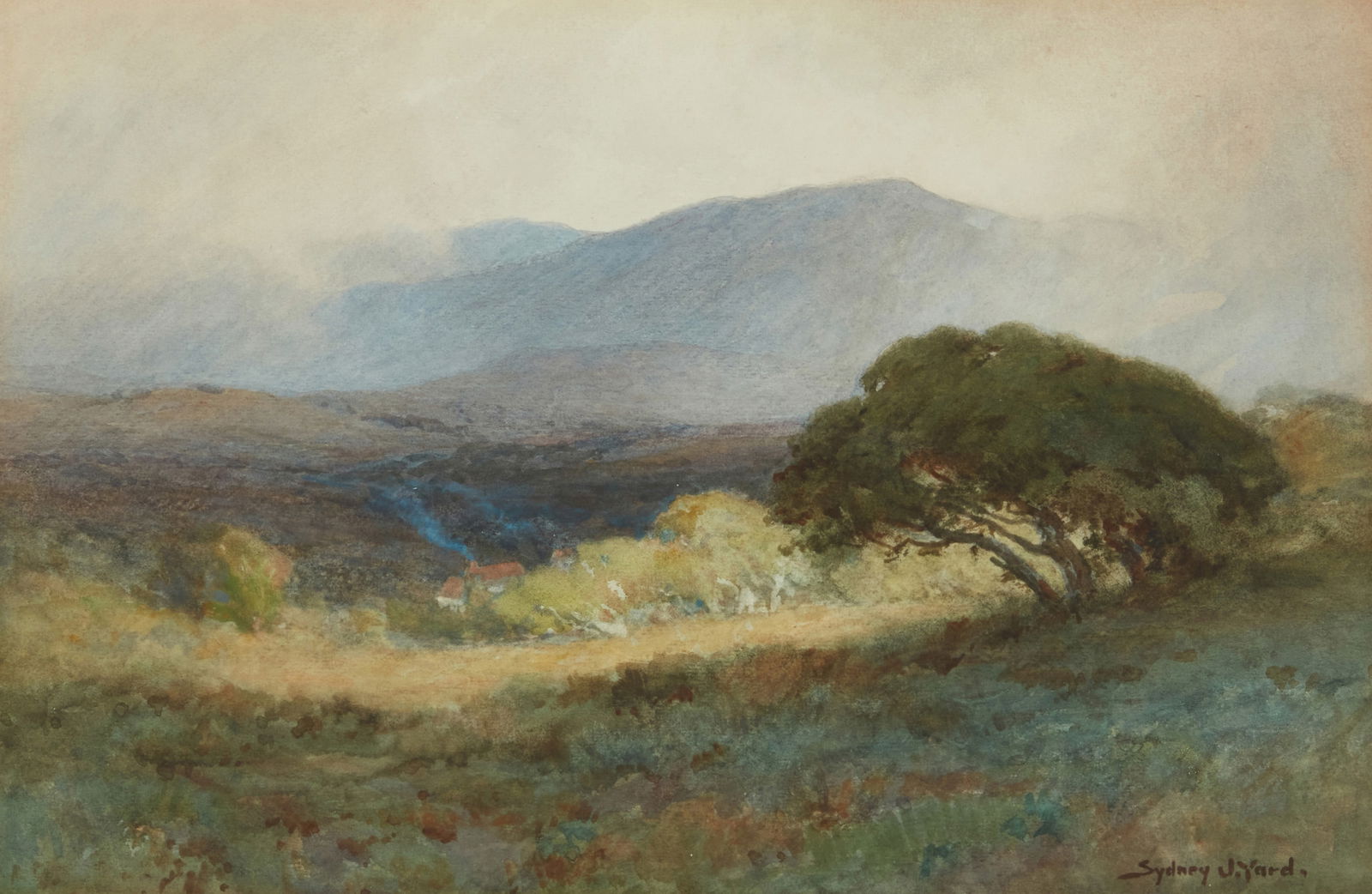 Sydney Janis Yard (1855-1909), Rising mist in a valley with oak trees and a cottage (1 of 5)