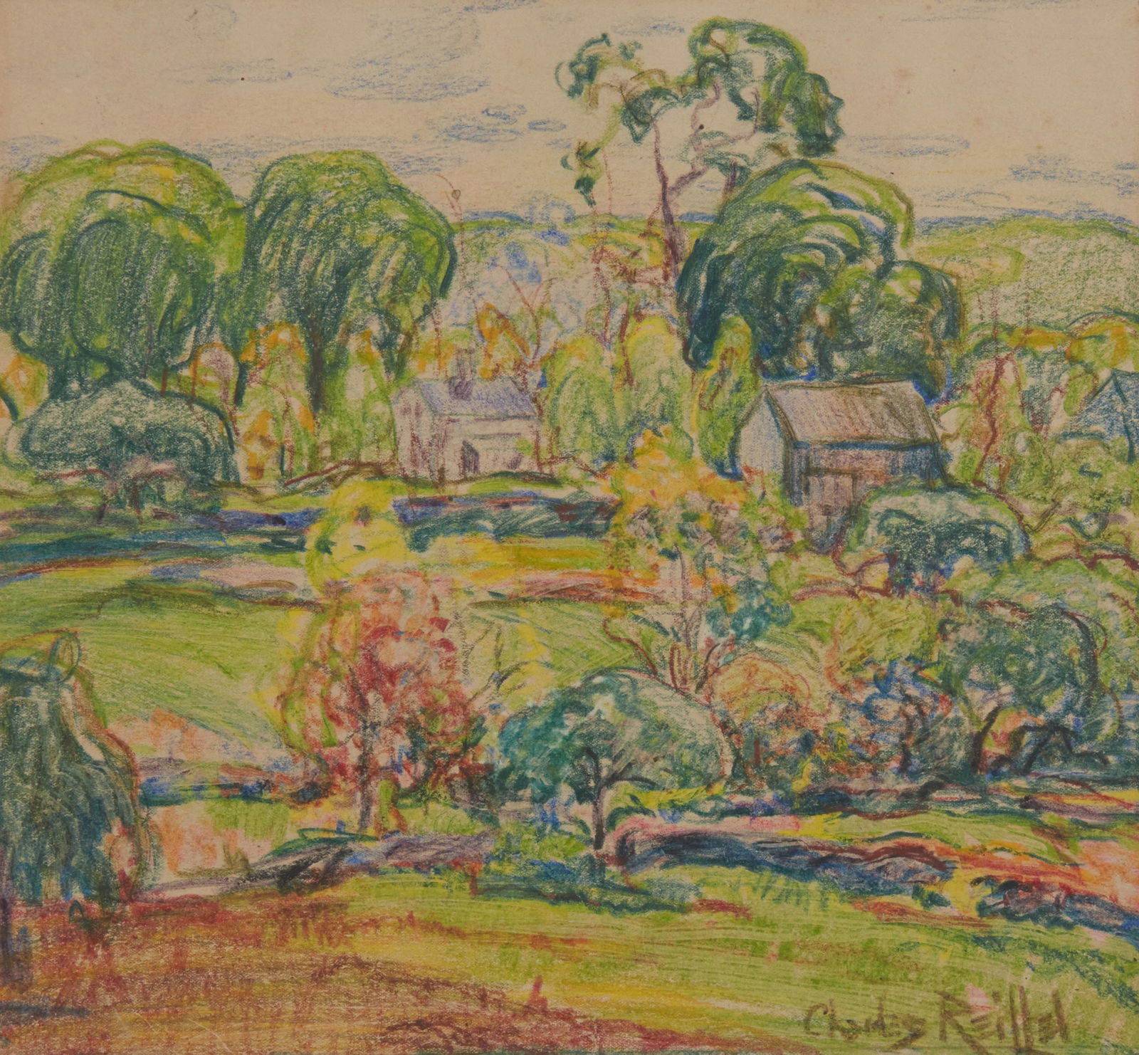 Charles Reiffel (1862-1942), Two houses in a landscape: Charles Reiffel(1862-1942)Two houses in a landscapeCrayon and colored pencil on paperSigned lower right: Charles ReiffelImage/Sheet: 9.375" H x 9.875" W Provenance:Sold: John Moran Auc