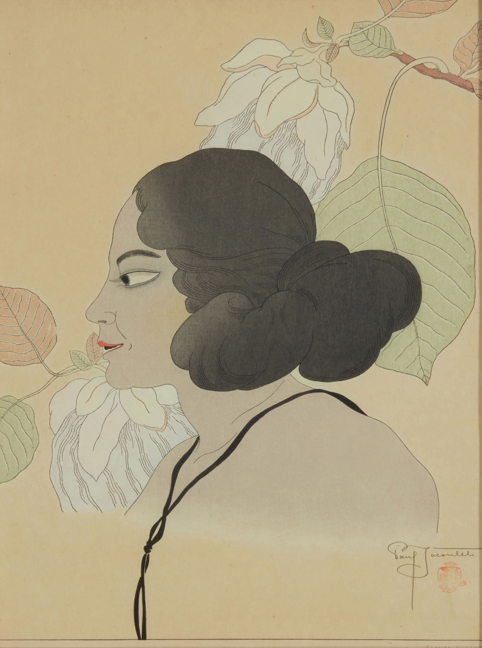 Paul Jacoulet (1902-1960), "Fleurs Violettes, Tomil, Yap": Paul Jacoulet(1902-1960)"Fleurs Violettes, Tomil, Yap"Woodcut in colors on handmade mulberry paperEdition: One of fewer than 225 total impressionsSigned in pencil above the artist's red ink