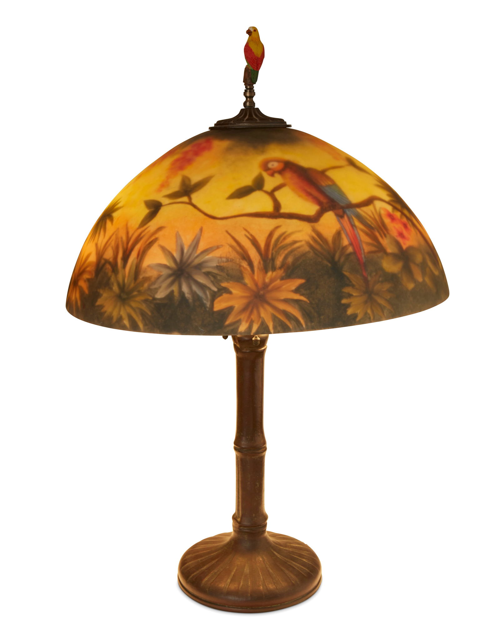 A Handel patinated metal bamboo lamp base with later shade (1 of 8)