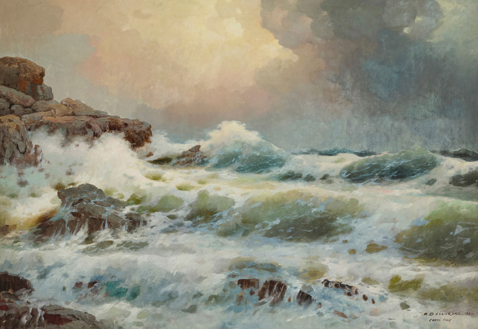 Alexander Dzigurski (1911-1995), "Capri, Italy," 1950: Alexander Dzigurski(1911-1995)"Capri, Italy," 1950Oil on canvasSigned, titled, and dated lower right: A. Dzigurski 195036" H x 50.25" W