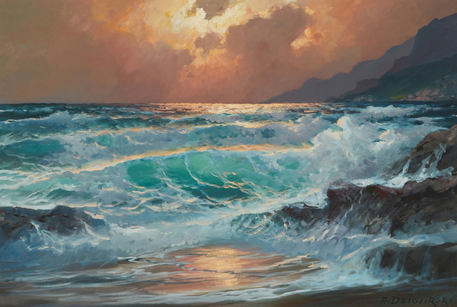 Alexander Dzigurski (1911-1995), "Big Sur Sunset": Alexander Dzigurski(1911-1995)"Big Sur Sunset"Oil on canvasSigned lower right: A. Dzigurski; titled by repute24" H x 36" W