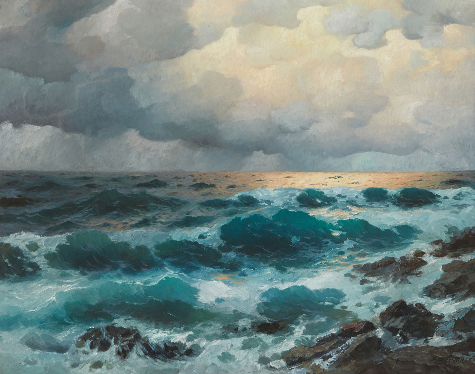 Alexander Dzigurski (1911-1995), Rough seas and clouds: Alexander Dzigurski(1911-1995)Rough seas and cloudsOil on canvas laid to canvasSigned lower right: A. Dzigurski24.25" H x 30.25" W