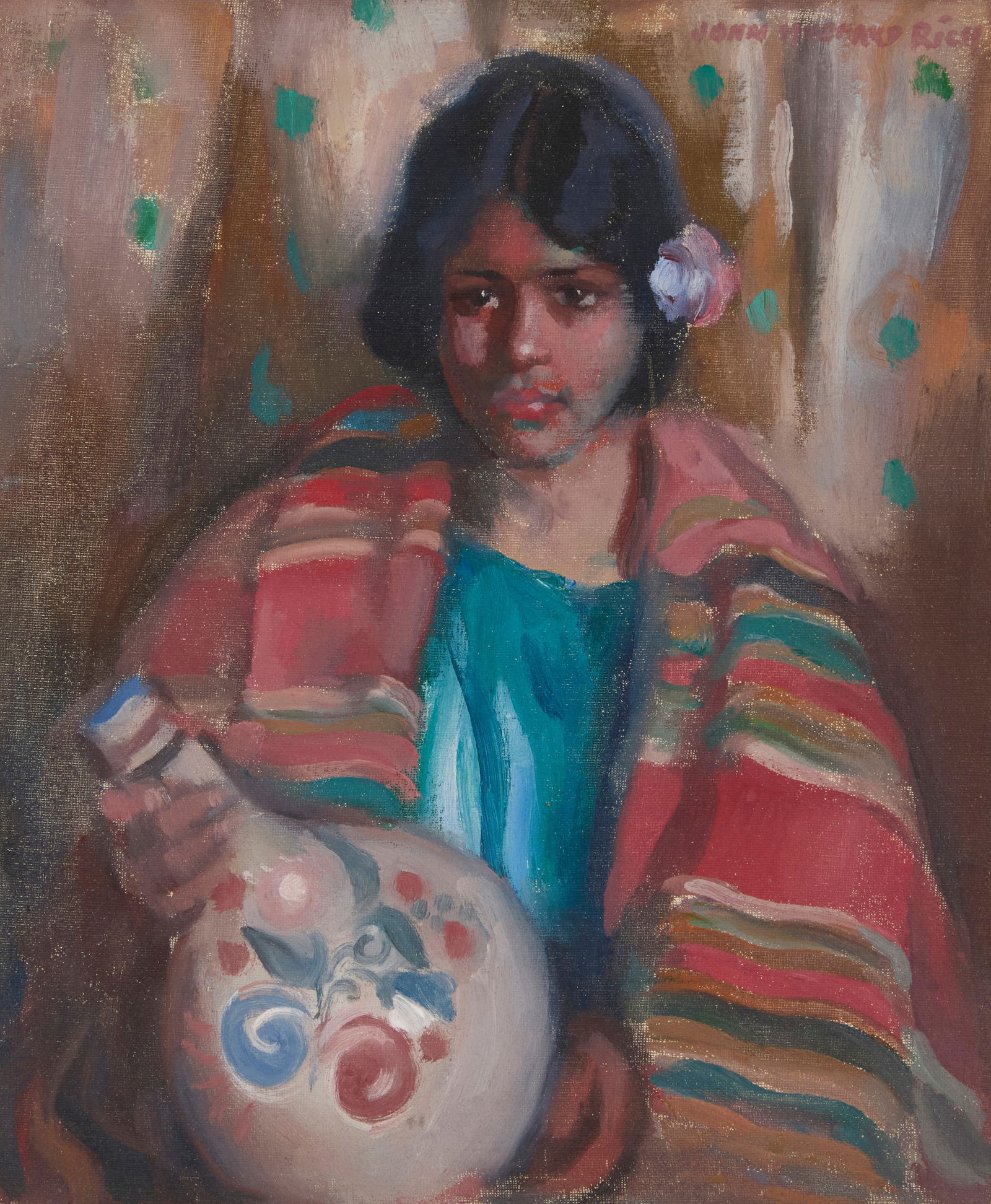 John Hubbard Rich (1876-1954), Portrait of a girl with vase: John Hubbard Rich(1876-1954)Portrait of a girl with vaseOil on canvas laid to boardSigned upper right: John Hubbard Rich13.125" H x 11" W
