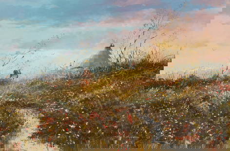 Thomas A. DeDecker (b. 1951), "Native American Encampment," 1990: Thomas A. DeDecker (b. 1951) "Native American Encampment," 1990 Oil on panel Signed lower left: Thomas A. deDecker ©; titled in pencil on the frame, verso 24" H x 36" W 