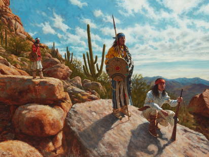 James Ayers (b. 1969), "Sentinels of the Sonoran Desert" (Apache), 2014: James Ayers (b. 1969) "Sentinels of the Sonoran Desert" (Apache), 2014 Oil on canvas Signed and dated lower left: James Ayers / 2014; signed again and titled in pencil, verso; titled and