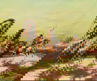 Tom Mansanarez (b. 1963), Native Americans on horseback along a river valley, 1981