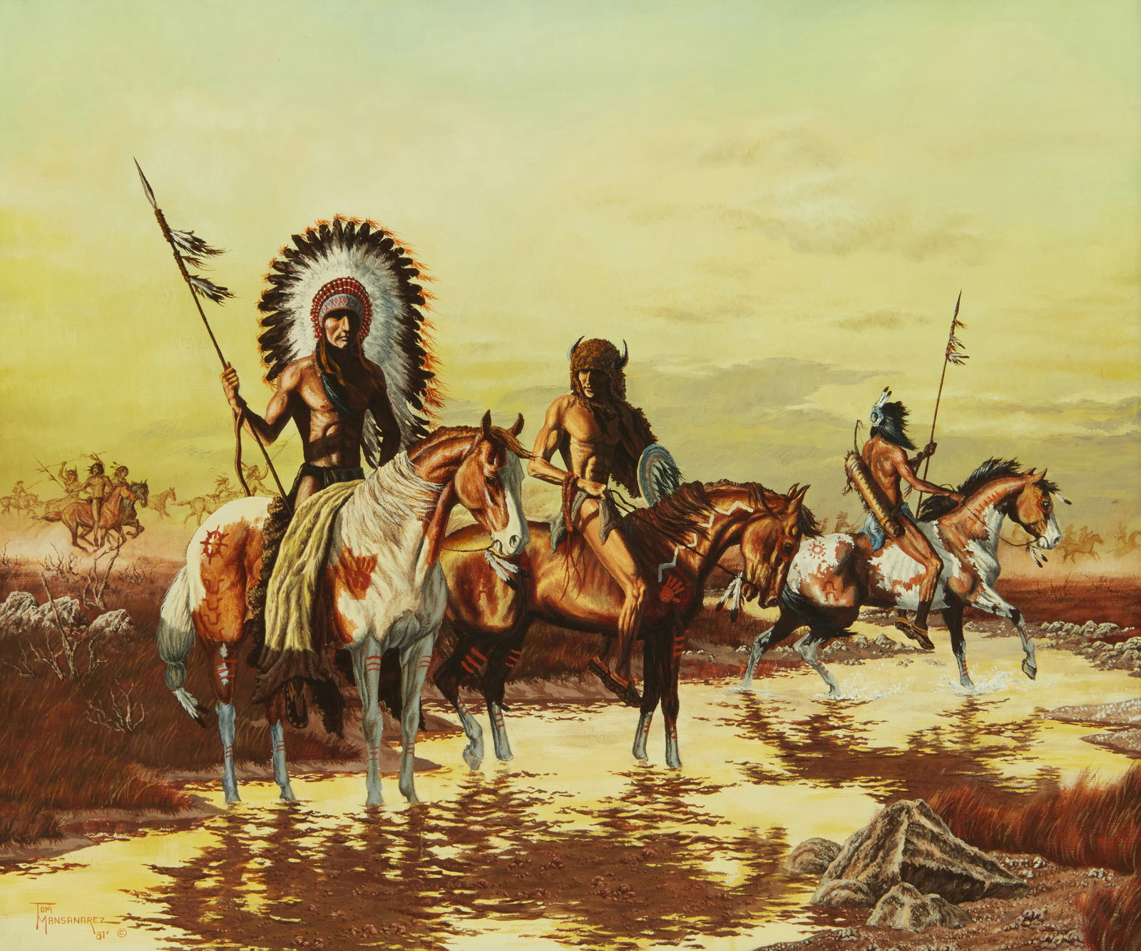 Tom Mansanarez (b. 1963), Native Americans on horseback along a river valley, 1981 (1 of 5)