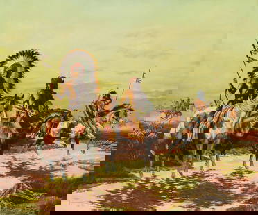 Tom Mansanarez (b. 1963), Native Americans on horseback along a river valley, 1981: Tom Mansanarez (b. 1963) Native Americans on horseback along a river valley, 1981 Oil on canvas Signed and dated lower left: Tom Mansanarez / '81 © 20" H x 24" W