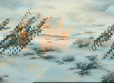Howard Rees (b. 1941), Native Americans on horseback in a winter landscape, 1988