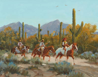 Ron Stewart (b. 1941), "Hostiles": Ron Stewart (b. 1941) "Hostiles" Oil on panel Signed and with the artist's device lower left: Ron Stewart; signed again and with artist's device, copyright, and titled in ink, all verso