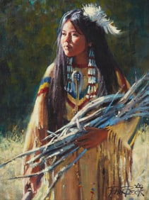 Phillip Beck (b. 1949), Indigenous woman gathering kindling