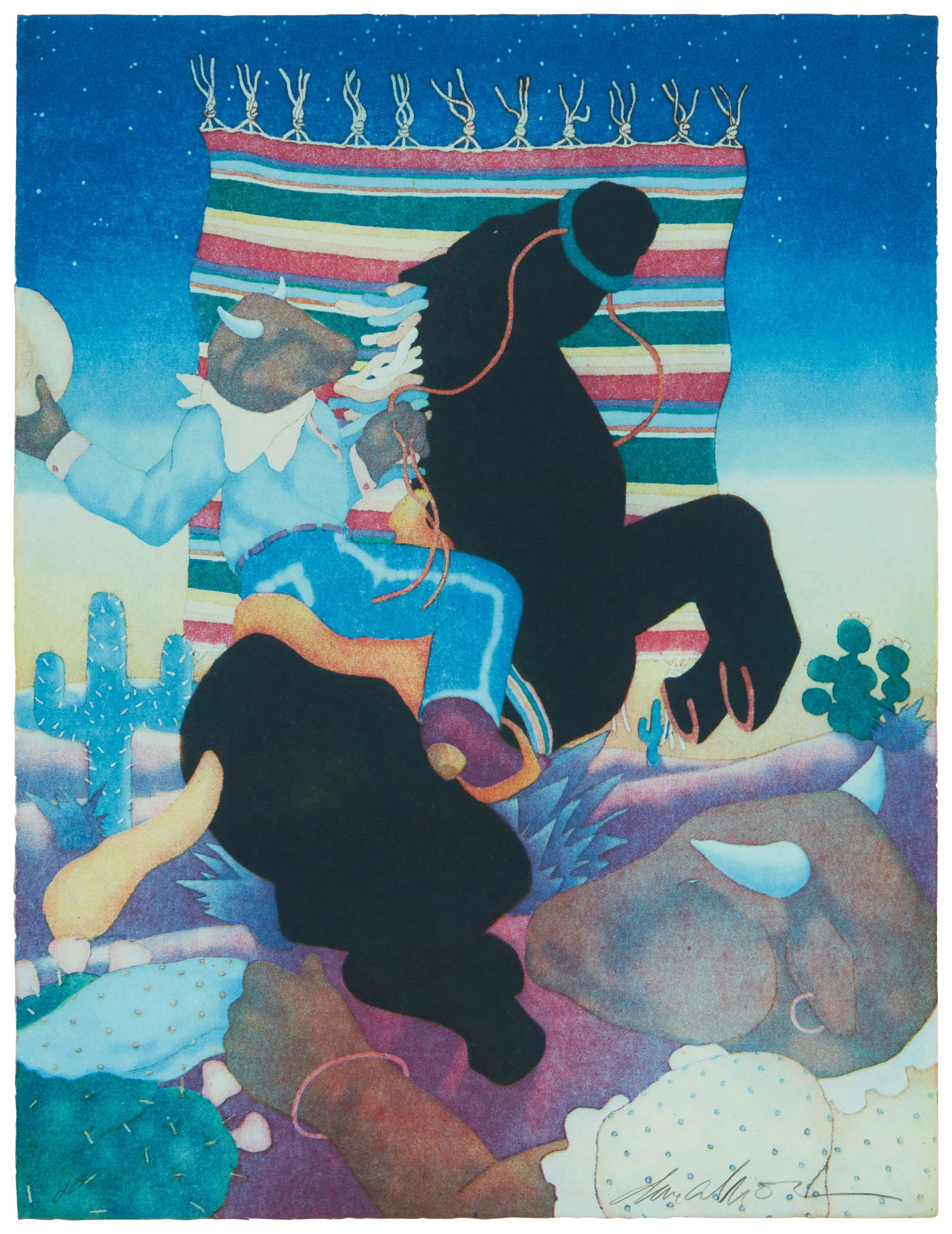 Dan Mitchell Allison (b. 1953), Western scene with bull-man on a rearing horse: Dan Mitchell Allison(b. 1953)Western scene with bull-man on a rearing horseColor print on wove paperAn artist's proof aside from the edition of unknown sizeSigned and dated in pencil in the lower righ