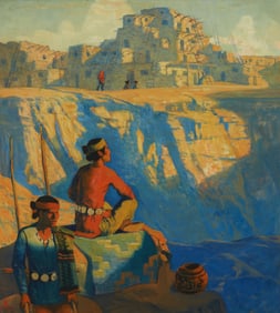 Hernando Gonzallo Villa (1881-1952), Figures with a view of Walpi Pueblo, Arizona