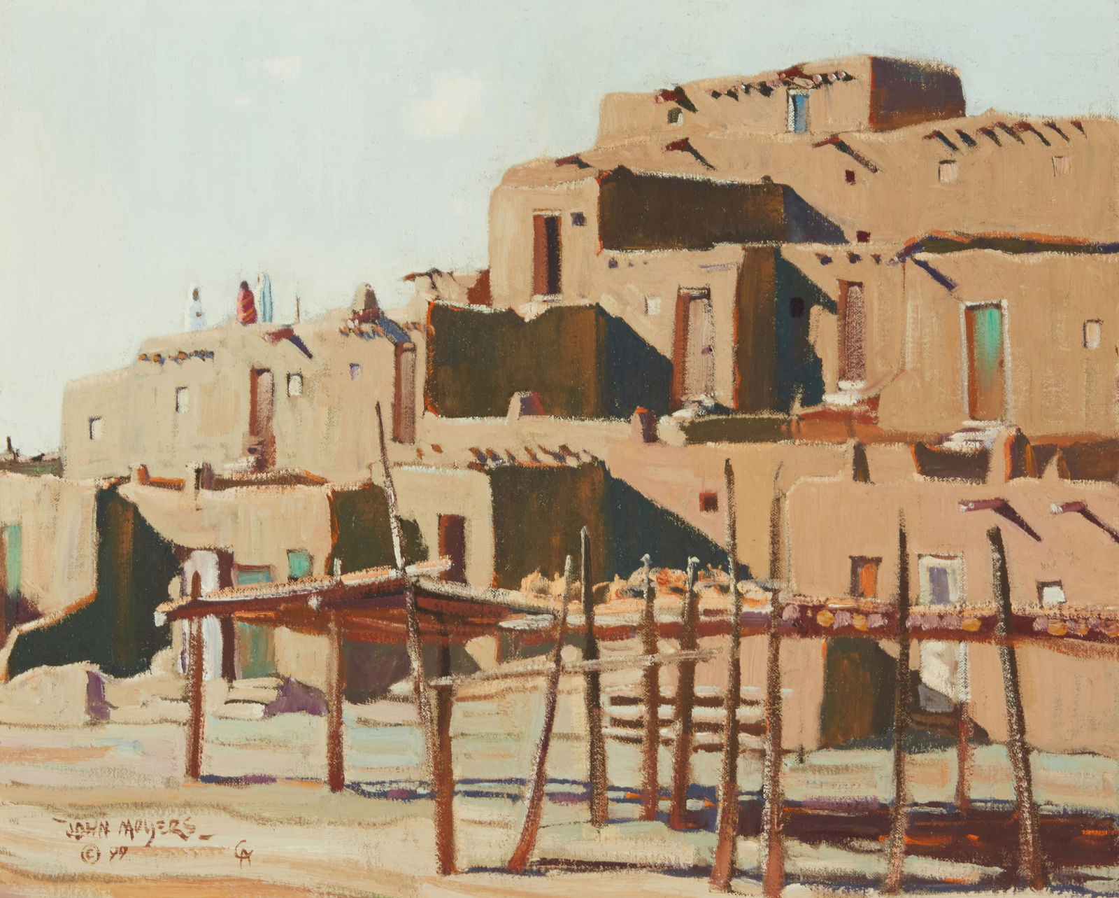 John Moyers (b. 1958), "Rooftop Meeting," 1999: John Moyers(b. 1958)"Rooftop Meeting," 1999Oil on canvasSigned and dated lower left: John Moyers / © 99 CA; signed, dated, and inscribed again, and titled, all on the frame's backing board1