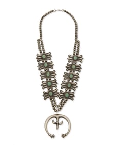 A Harry Morgan Navajo silver and turquoise squash blossom necklace
