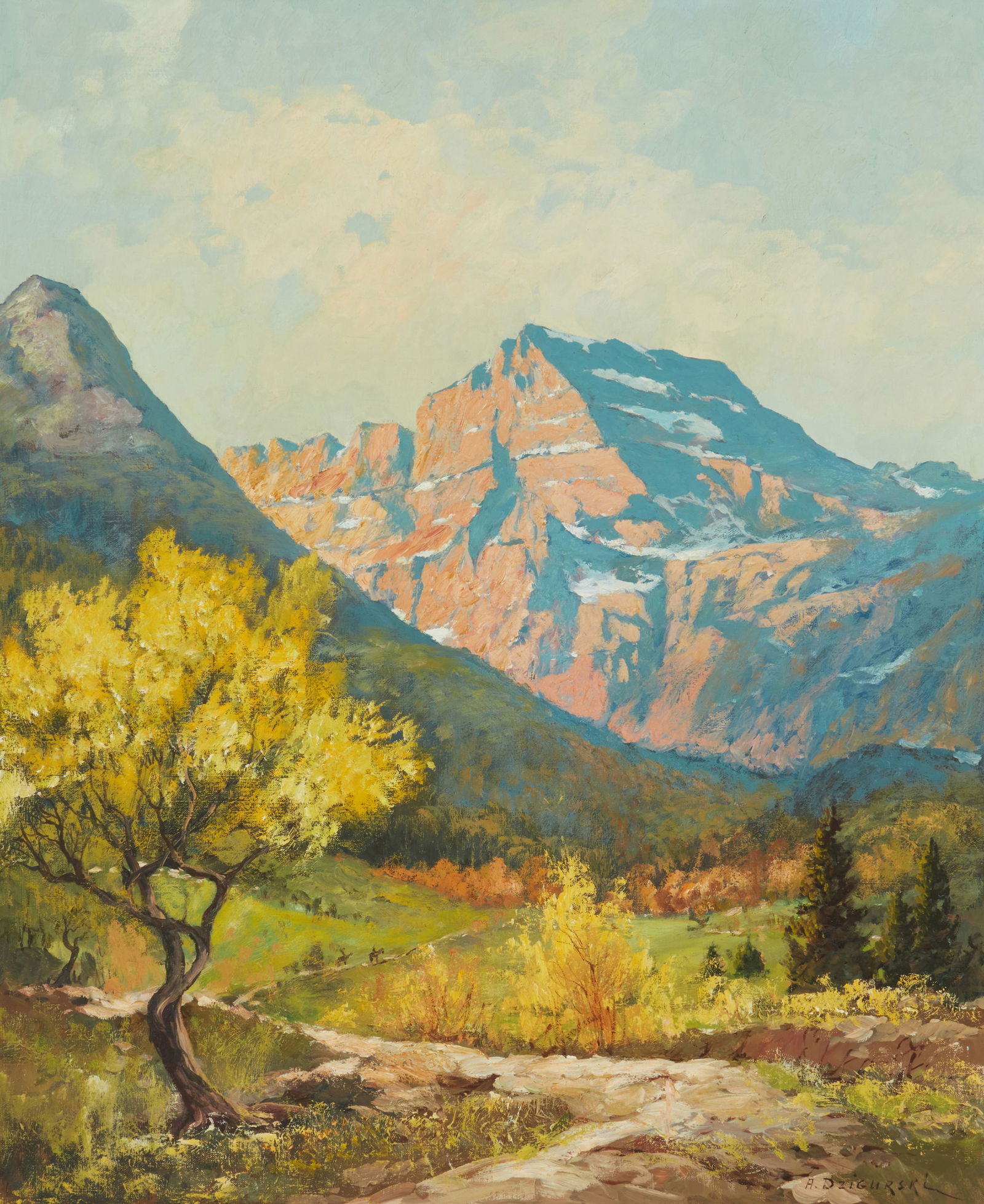 Alexander Dzigurski (1911-1995), "Many Glacier (East 6L), Montana": Alexander Dzigurski(1911-1995)"Many Glacier (East 6L), Montana"Oil on canvasSigned lower right: A. Dzigurski; titled in pencil on the stretcher30.5" H x 26.125" W