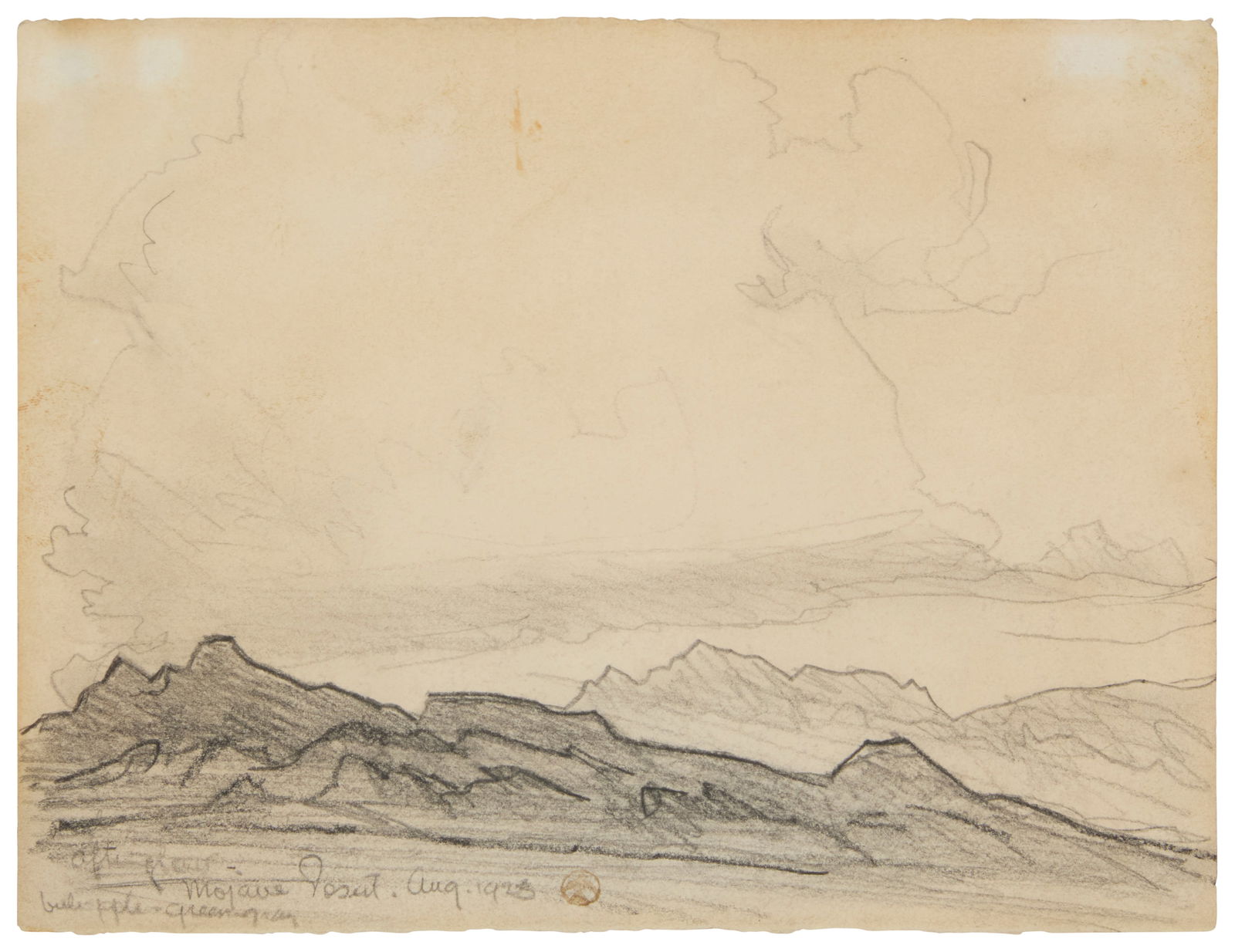 Maynard Dixon (1875-1946), "Mojave Desert," 1923: Maynard Dixon(1875-1946)"Mojave Desert," 1923Charcoal and pencil on paperUnsigned; with the artist's thunderbird brown ink stamp near the center of the lower edge; titled, dated, and inscrib