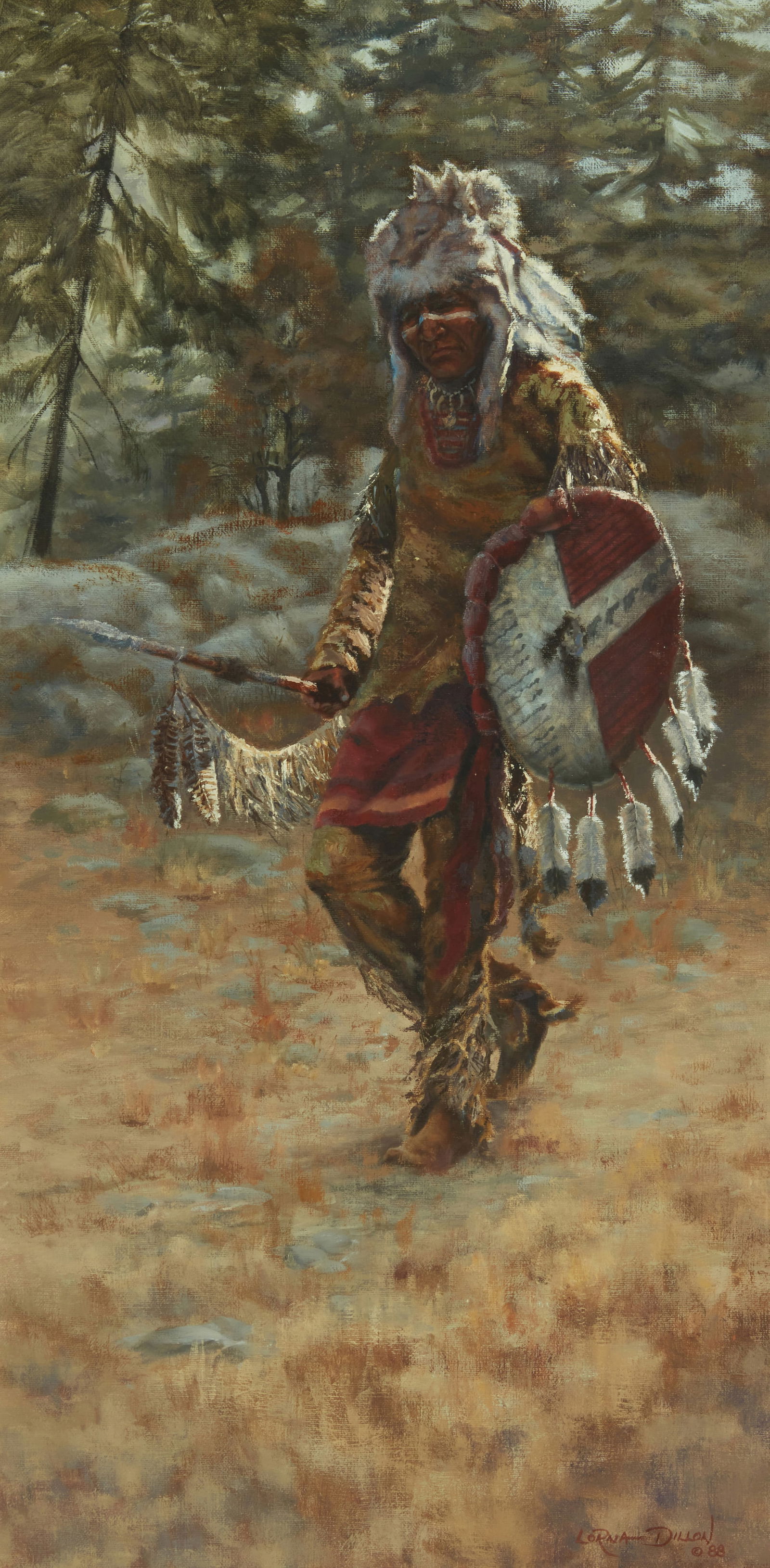 Lorna Dillon (b. 1940), "The Reesian Mountain Man," 1988: Lorna Dillon(b. 1940)"The Reesian Mountain Man," 1988Oil on canvasSigned and dated lower right: Lorna Dillon / © '88; signed and dated again, titled, and inscribed on the stretcher: "Painted in April