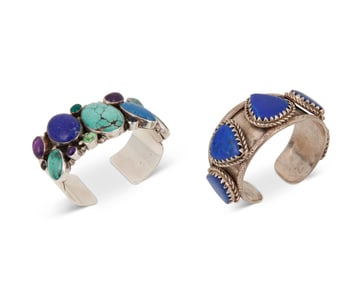 Two Southwest-style silver and set stone cuff bracelets