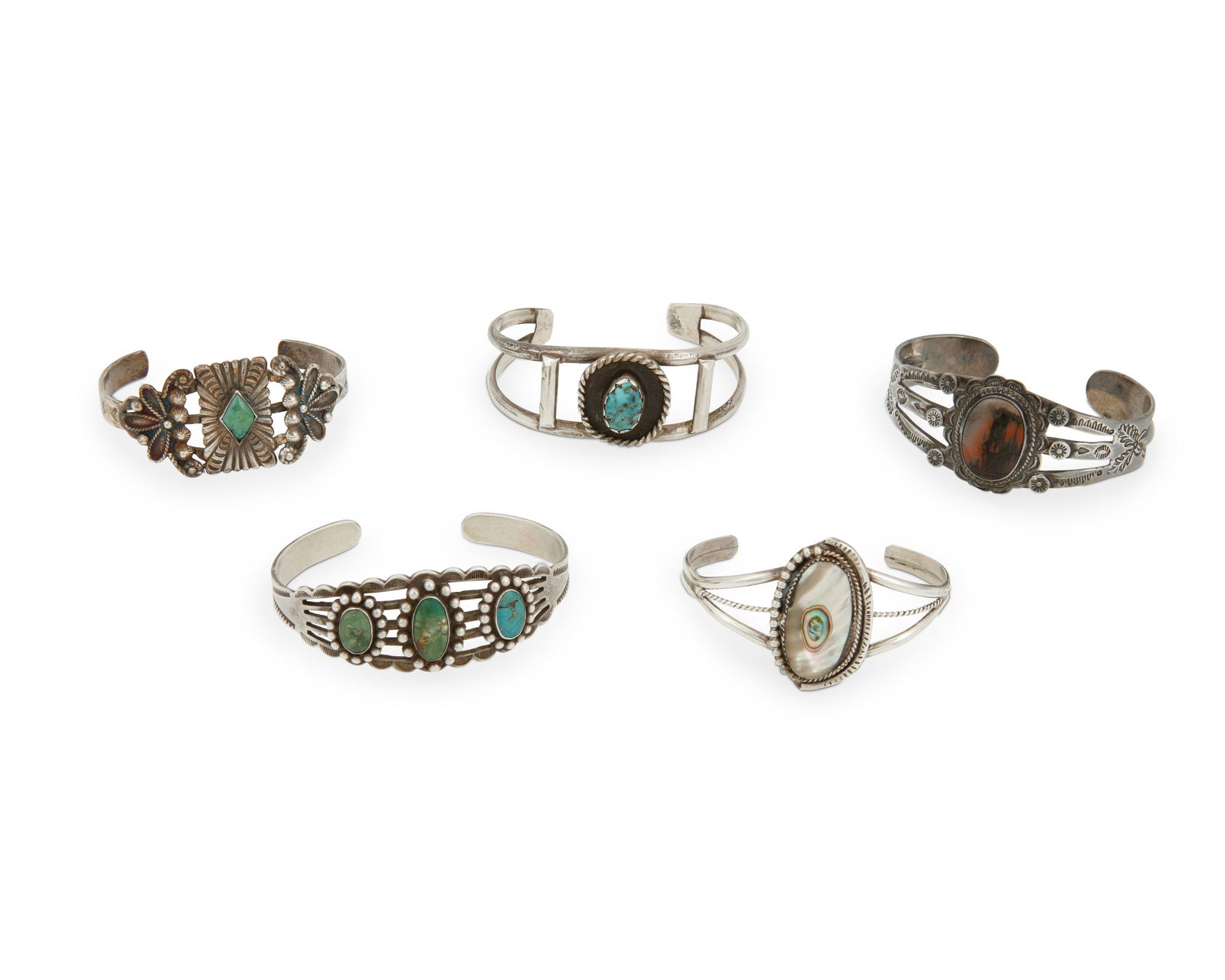 A group of Fred Harvey-style Southwest silver and set stone cuff bracelets (1 of 2)