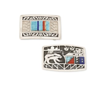 Two Navajo sterling silver and stone inlay belt buckles