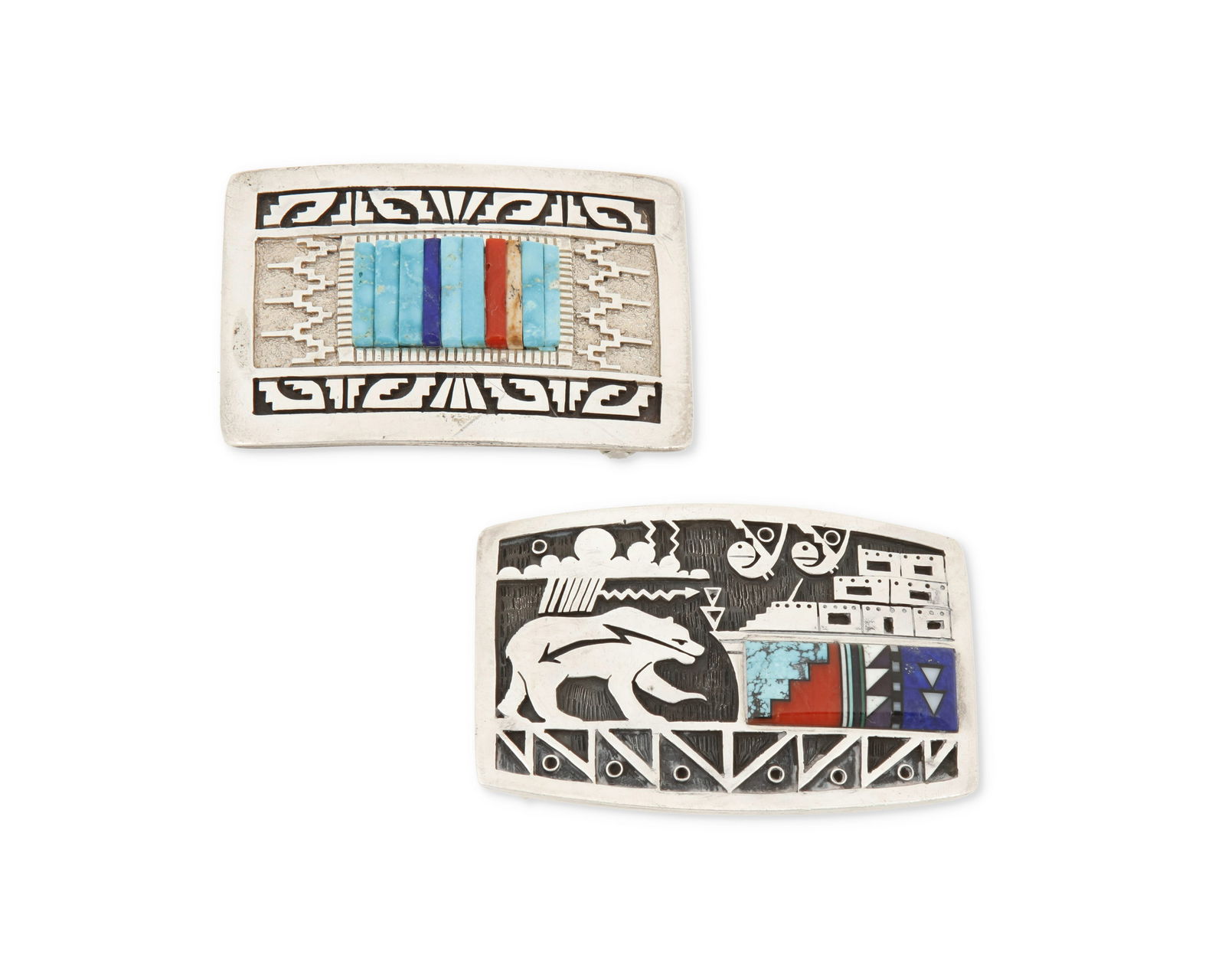 Two Navajo sterling silver and stone inlay belt buckles (1 of 2)