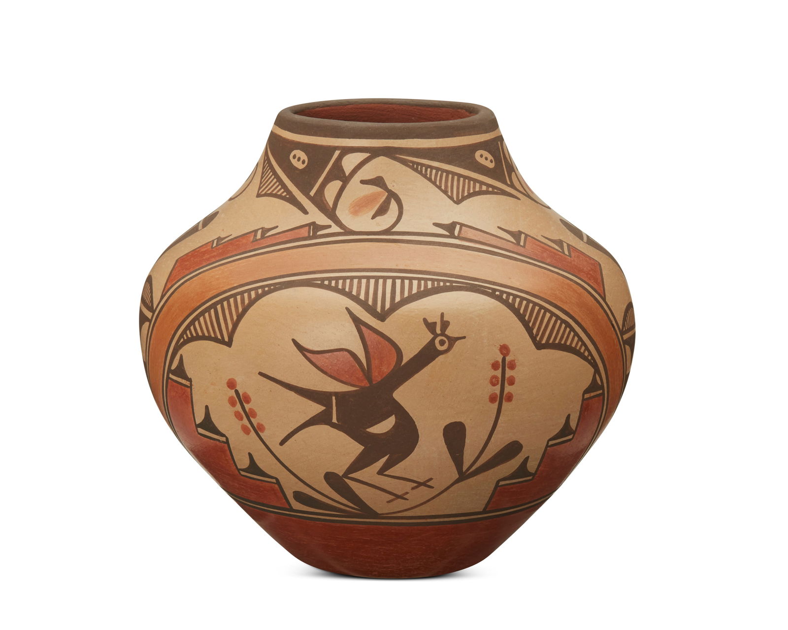 Elizabeth Medina (b. 1956, Zia Pueblo), A polychrome pottery olla jar, late 20th/early 21st century: Elizabeth Medina (b. 1956, Zia Pueblo)A polychrome pottery olla jar, late 20th/early 21st centurySigned near bottom: Elizabeth Medina / ZiaThe four-color jar depicting two roadrunner figures centering