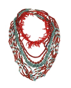 A group of Southwest turquoise, coral, and red glass bead necklaces