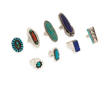 A group of Southwest silver and stone set rings