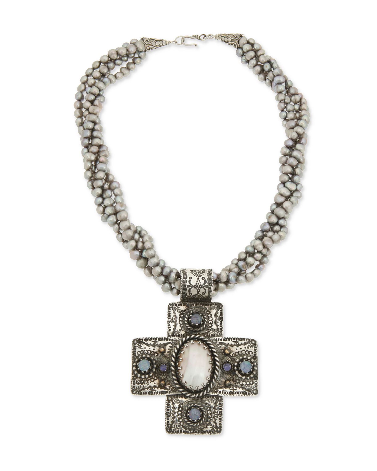 A Southwest-style silver and set gemstone cross pendant necklace (1 of 2)