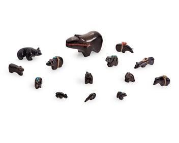A group of Zuni carved jet bear fetish figures