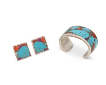 A set of Southwest sterling silver and turquoise inlay pictorial bear jewelry