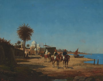 Lieutenant Long (1829-1891), North African scene, riders near a river, 1887