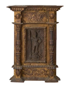 A late Renaissance carved wood panel of St. George and the dragon