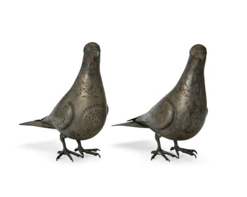 A pair of Persian silver alloy pigeon figures
