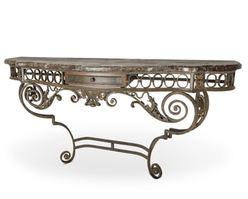 A Continental wrought-iron and marble console table