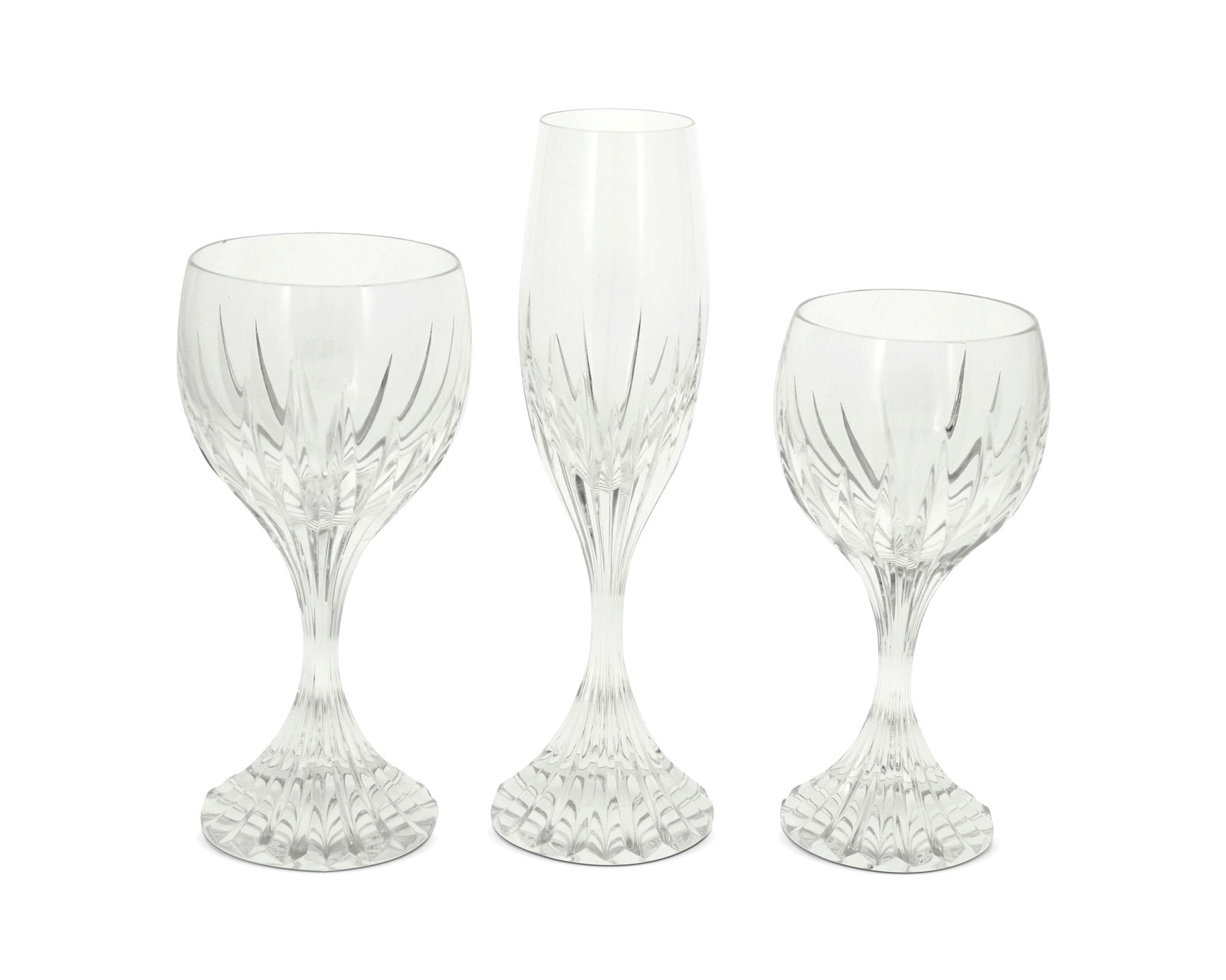 A Baccarat glass "Massena" stemware set: A Baccarat glass "Massena" stemware setEarly 21st centuryEach with Baccarat stencil mark to undersideComprising 12 champagne flutes (8.5"), 12 glass white wine (6.375"), and 12 wat
