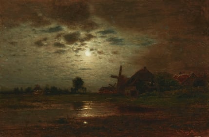 Louis Douzette (1834-1924), "Landscape with Cottages in Moonlight"
