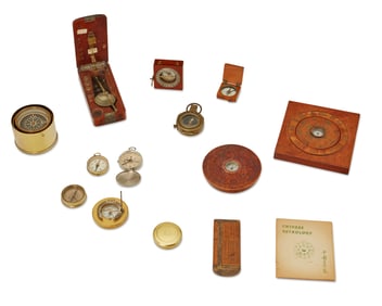 A group of navigational compasses and measuring instruments