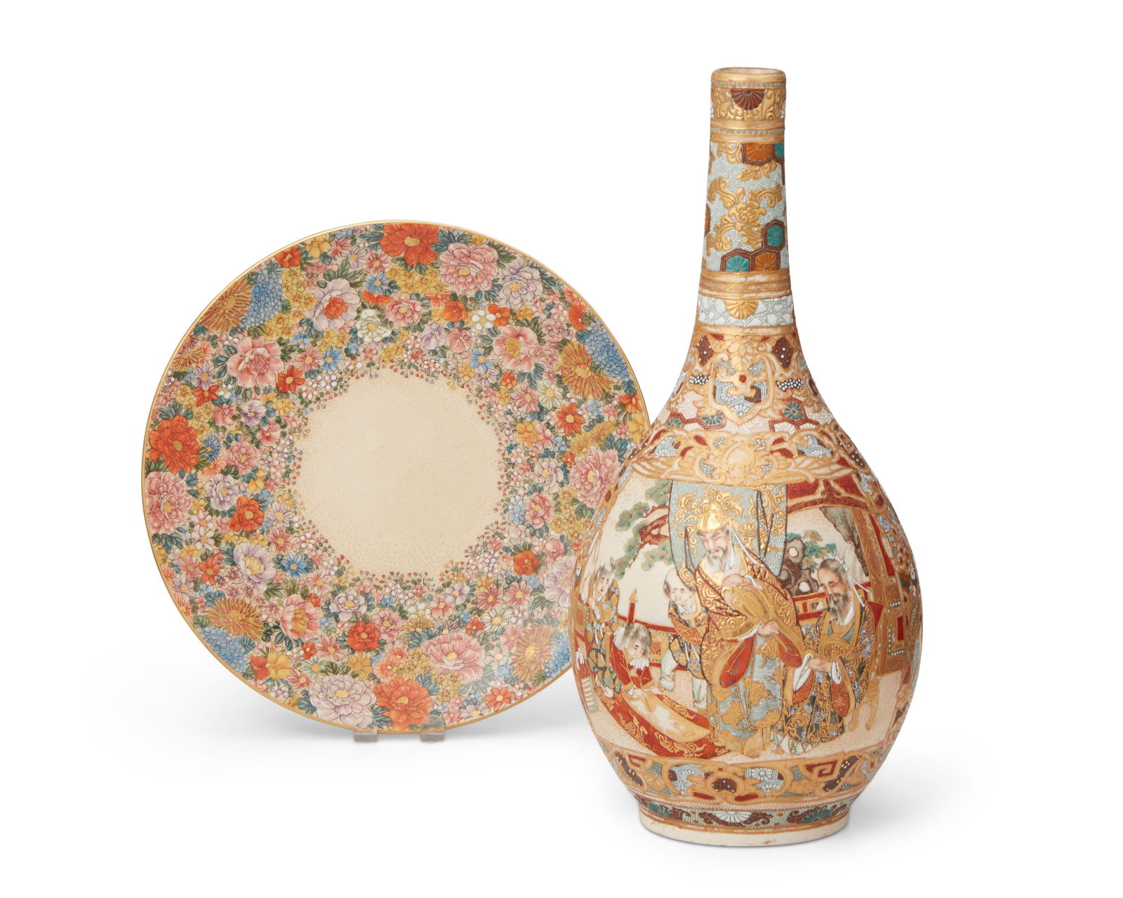 A Japanese Satsuma pottery vase and dish (1 of 8)