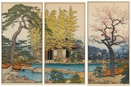 Toshi Yoshida (1911-1995), "Friendly Garden" triptych: ("Plum Tree," "Pine Tree," and "Bamboo