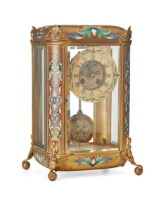 A Samuel Marti champleve and gilt-brass regulator mantel clock