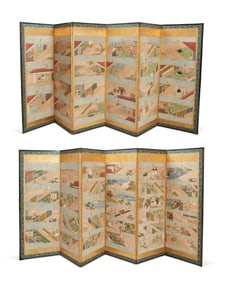 A pair of Japanese six-panel narrative byobu screens