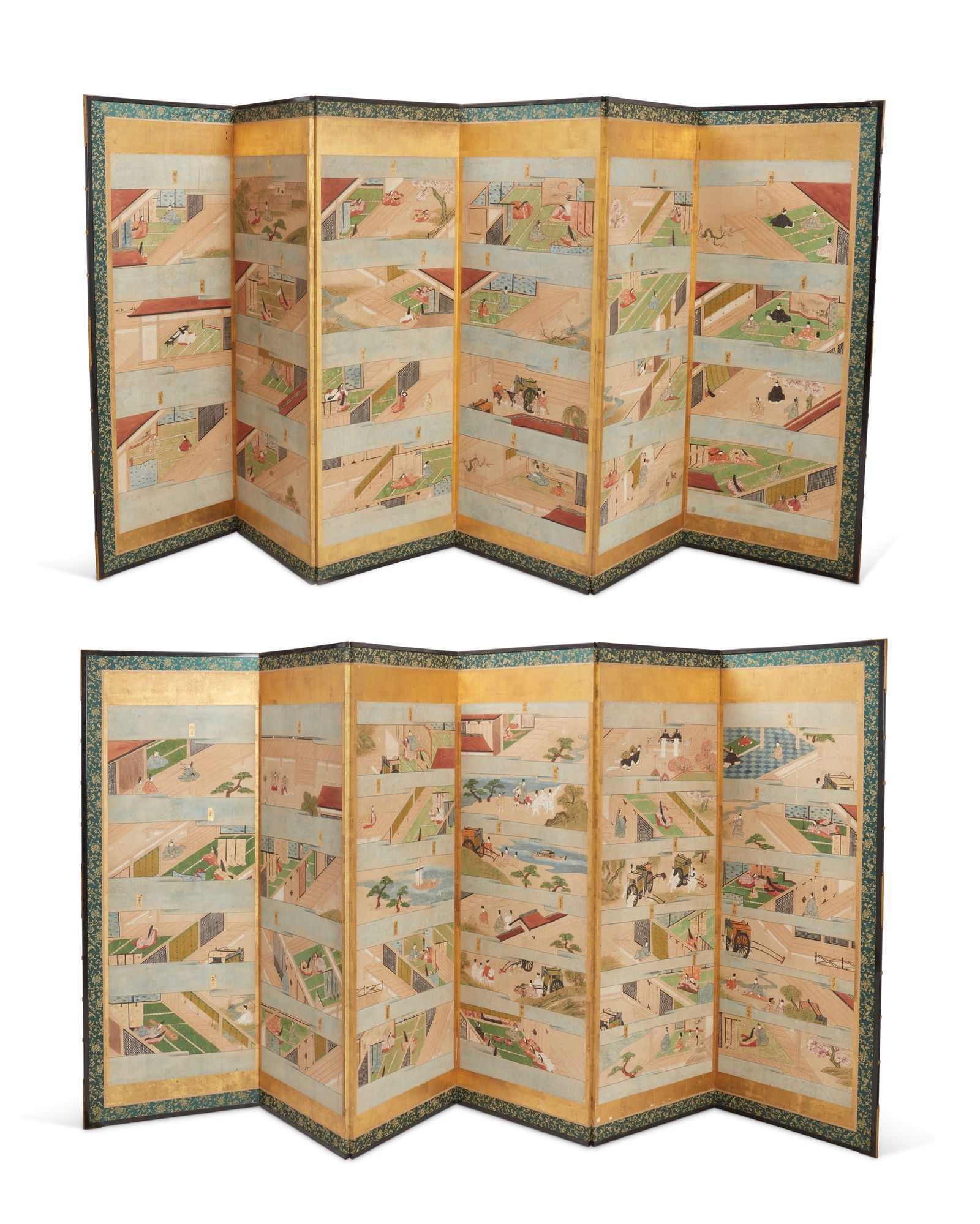 A pair of Japanese six-panel narrative byobu screens (1 of 18)