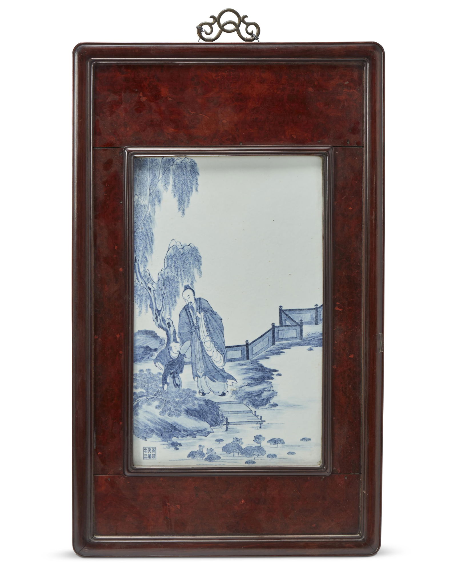 A Chinese blue and white porcelain plaque: A Chinese blue and white porcelain plaque20th centuryInscribed at bottom left cornerThe painted porcelain plaque depicting a scholar and a child standing on the bank of a body of water with lotus pads
