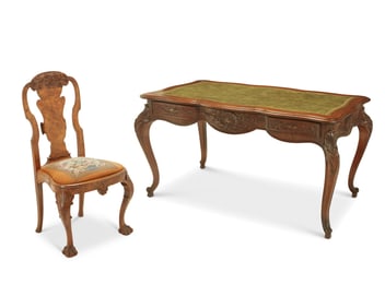 A Rococo-style bureau plat with side chair